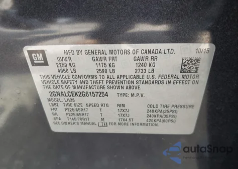 2016 Chevrolet Equinox Lt z USA, uszkodzony, nr VIN 2GNALCEK2G6157254